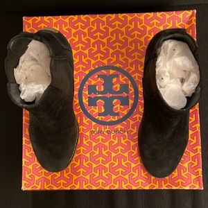Tory Burch black suede platform ankle boot